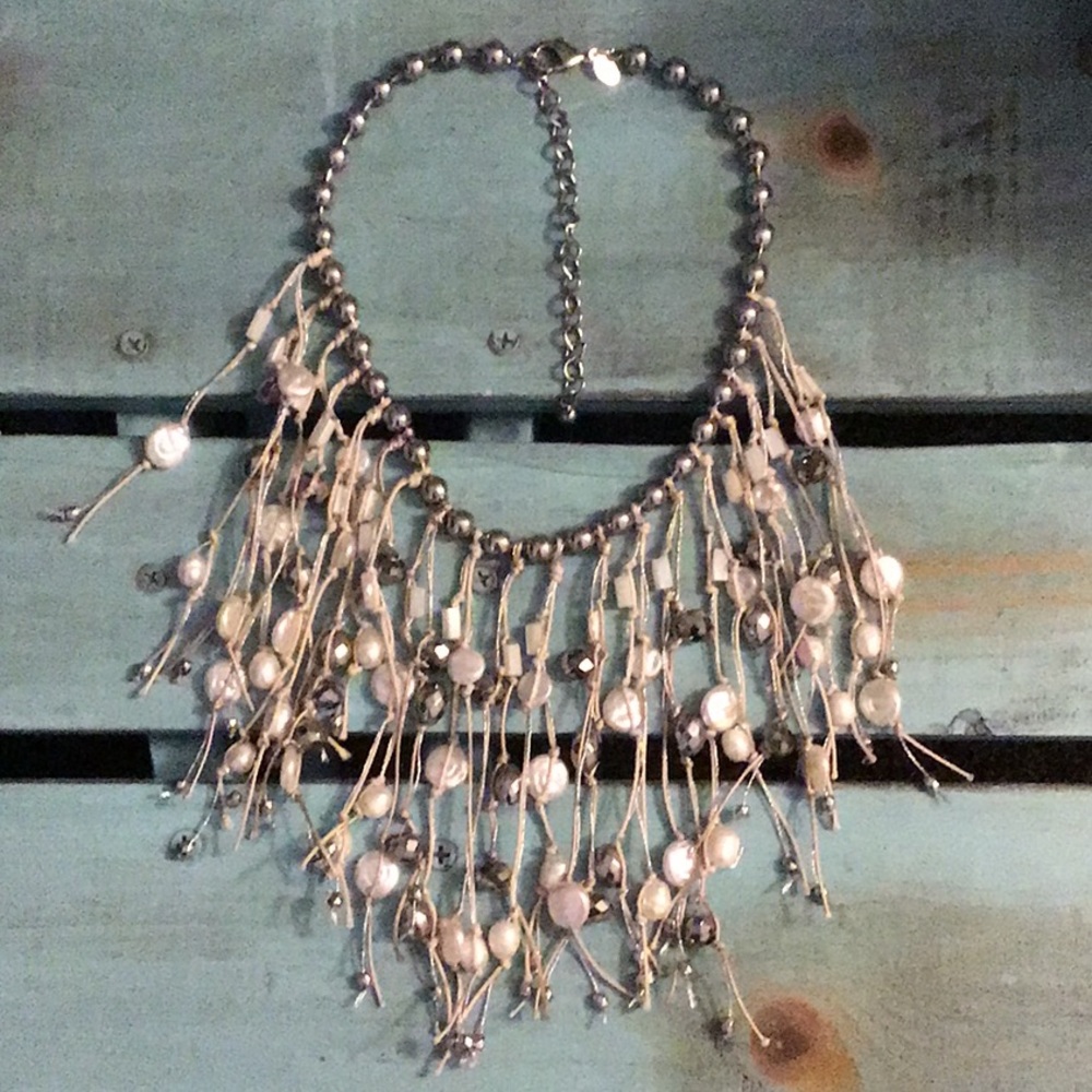 Vintage Boho Silver Leather Beaded Statement Necklace